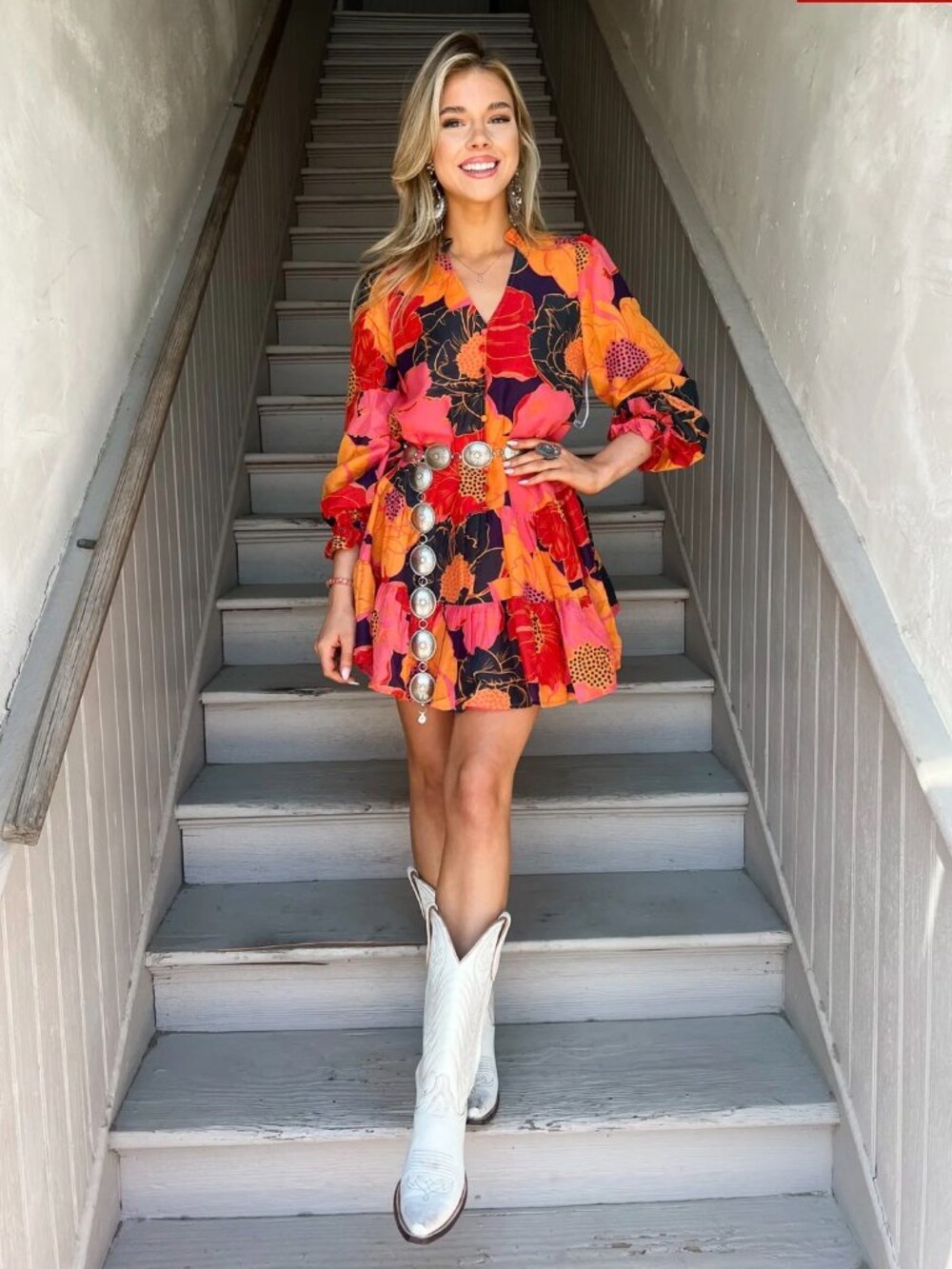 J. Marie Floral V-Neck Long Sleeve Dress - Picture 2 of 8